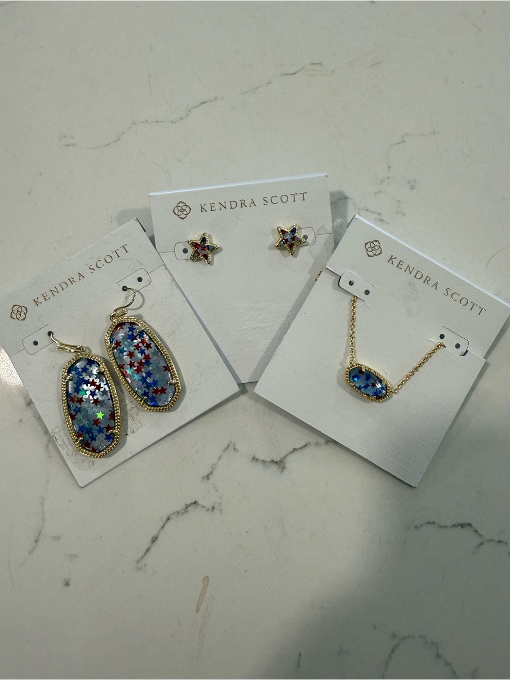 Kendra Scott Gold Necklace with Blue Star Confetti Pendant & 2 pairs of Earrings